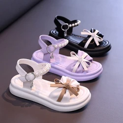 Kids Sandals Pearl Bow Buckle Open Toe, Girls Sandals Summer PU Fashion Sandals, Size 23-36