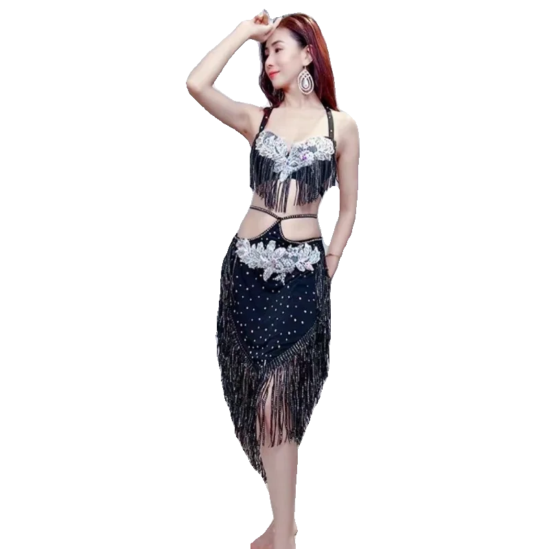 Belly Dancing Performance Set Customized Light Luxury Rhinestone Top+Sexy Split Tassels Skirt 2pcs Women Oriental Dance Clothing