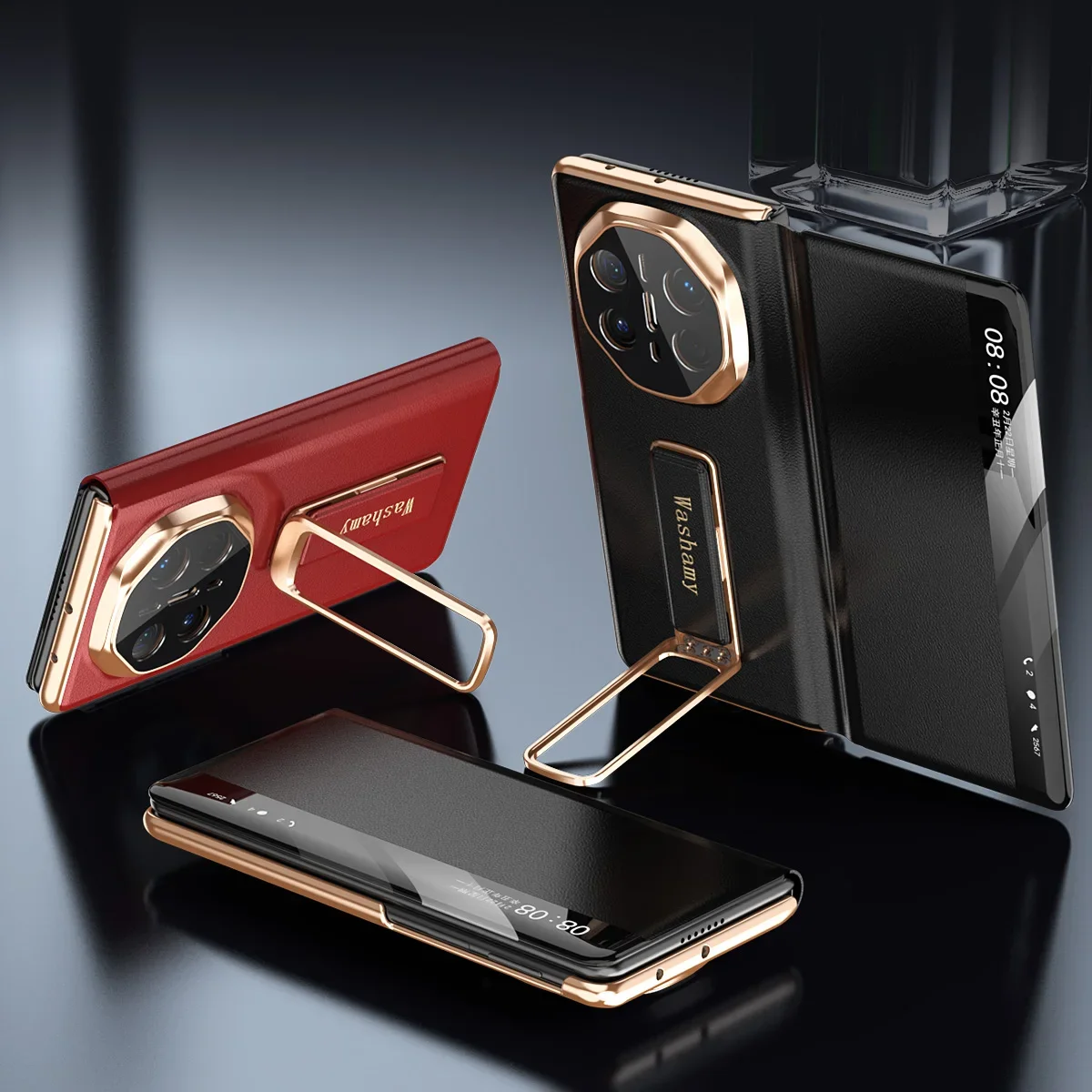 

Case for Huawei Mate X6 X5 X3 Smart Window Flip Cowhide Leather Shell Alloy Magnetic Rotary Bracket Lens Full Protection Cover