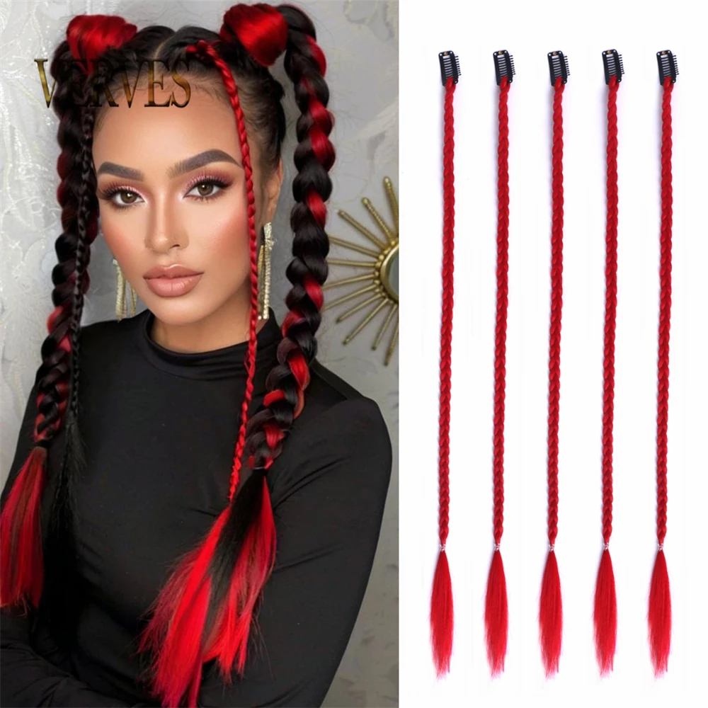 5 Pieces Tinsel Clip In Hair Extensions Braids Synthetic Box Hair Clip in Colorful Pink Red Raibow Hair Festival Hair Braids