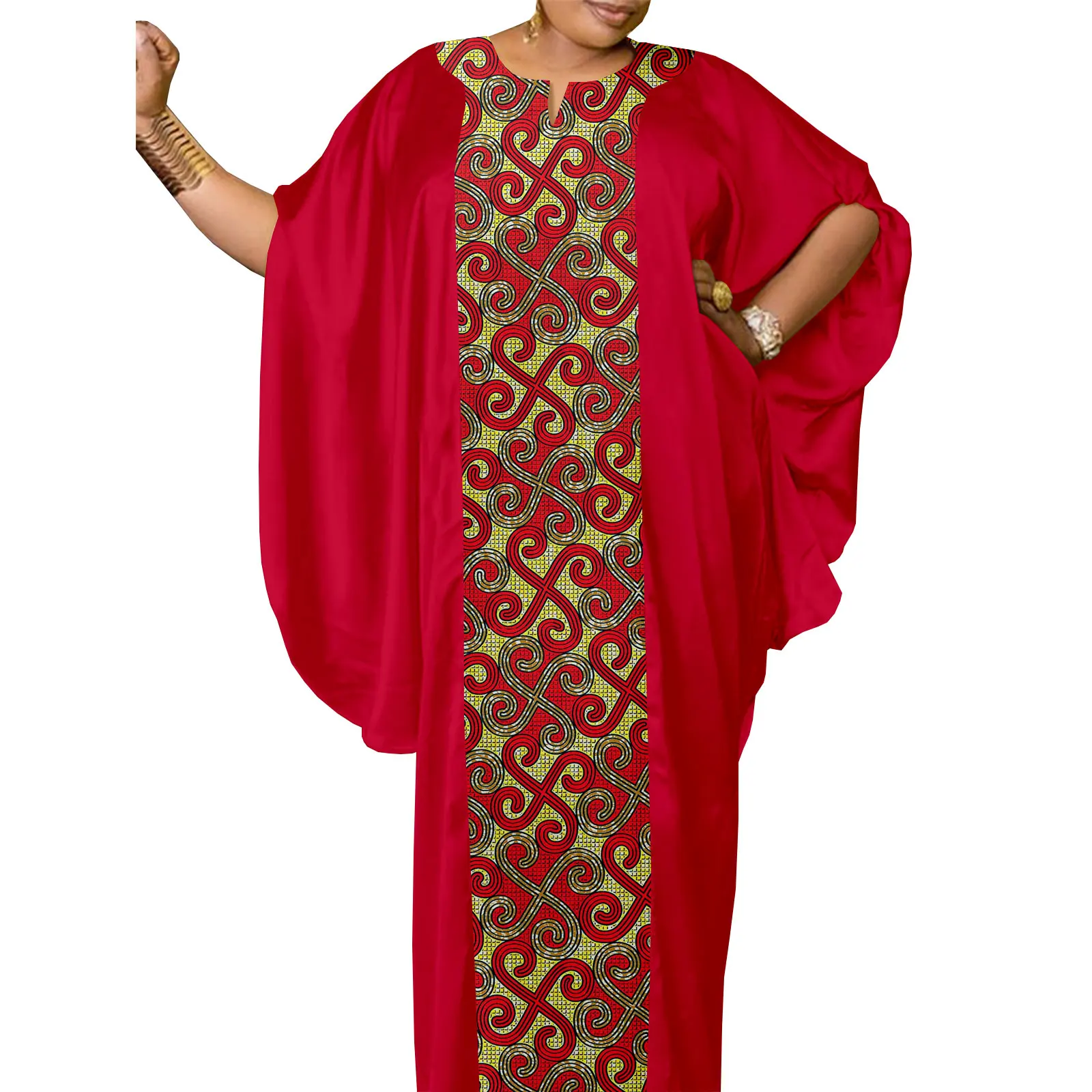 African Women's Plus Size Dresses Ankara Calico Round Neck Half Sleeve Patchwork Gown Dress A2325001