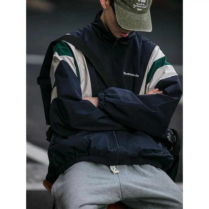 

Retro Spliced stand Collar Jacket for Men and Women Versatile Loose Casual Sports Jacket
