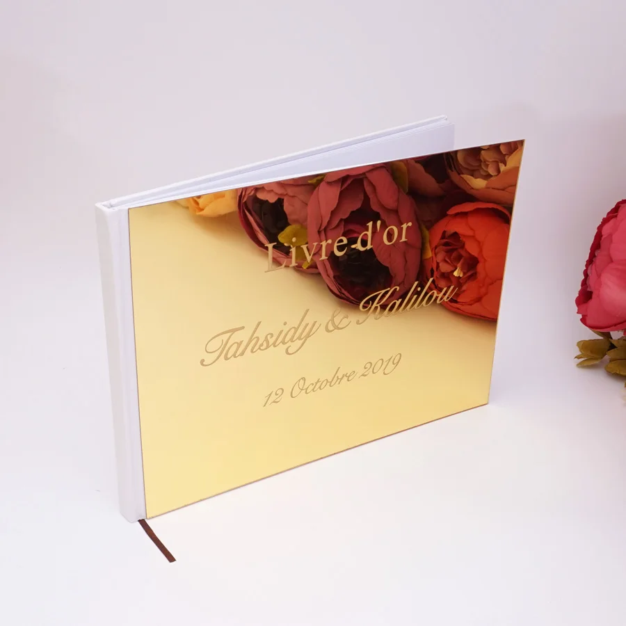 

25x18cm Custom Acrylic Mirror Cover Horizontal Book Engraved Newlyweds Name&Date GuestBook Personal Party Signature Livre d'or