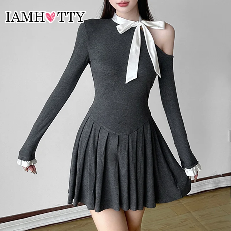 IAMHOTTY Contrast Lace-up Bow Off Shoulder Dress Princess Style A-line Pleated Dresses Holiday Party Birthday Outfits Y2K Robe