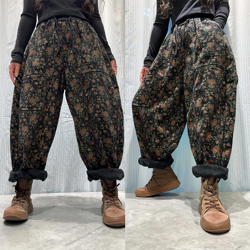 قداس واس الشتاء النساء أزياء فضفاضة خمر الأزهار الفراء الدنيم السراويل السيدات عارضة الكلاسيكية مرونة الخصر السراويل المطبوعة الجينز #5