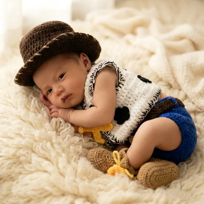 Newborn Photography Props Baby Boy Crochet Clothes Western Cowboy Sheriff Hat Vest Set Infant Photo Shoot Outfit Accessories
