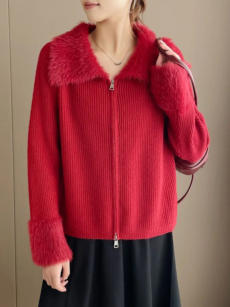 เสื้อสเวตเตอร์ถักแบบมีซิป ปกพับได้ ตัดต่อผ้าถัก สไตล์ลำลองสำหรับผู้หญิง เสื้อคลุมคาร์ดิแกนทรงหลวม แฟชั่นเสื้อถักแขนยาวแบบสั้นและยาว เสื้อกั๊กถัก