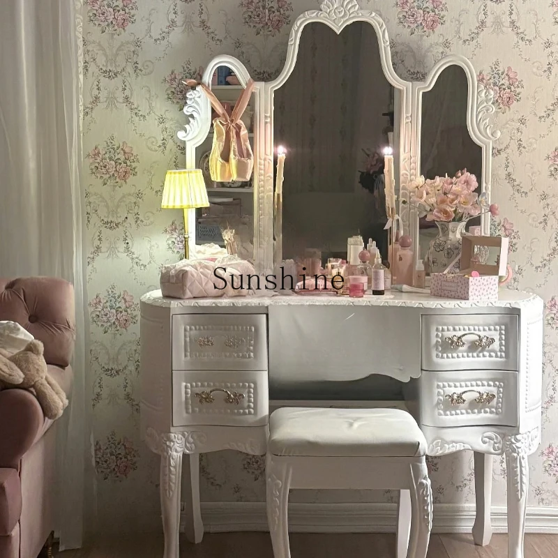

French retro solid wood carving Nordic bedroom girl style white makeup table furniture customization