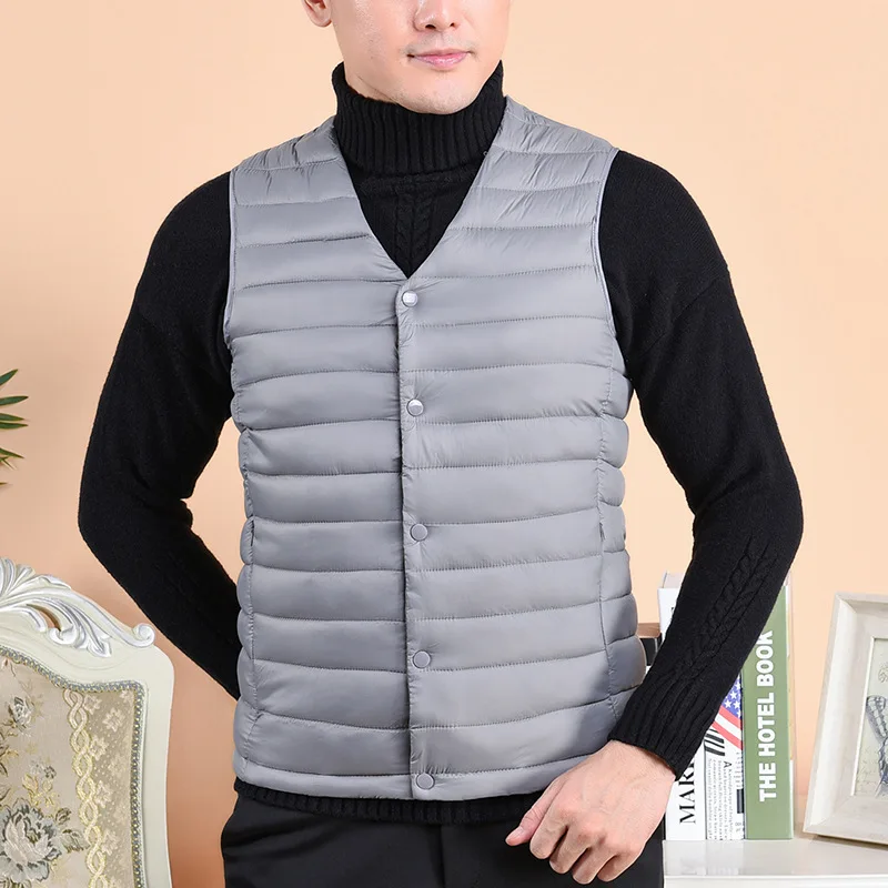 Men\'s Warm Down Cotton Vest Autumn Winter Men Sleeveless Coat Middle Elderly Solid Color V Neck Single Breasted Down Waistcoat