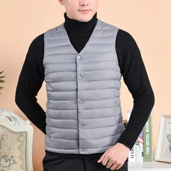 Men's Warm Down Cotton Vest Autumn Winter Men Sleeveless Coat Middle Elderly Solid Color V Neck Single Breasted Down Waistcoat