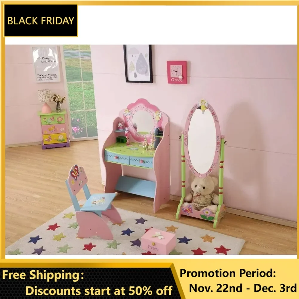 Kids Vanity, Fairy Girl‘s Dressing Table and Chair Set, Girls Vanity Set with Mirror, Makeup Dressing Pricess Table with Drawer