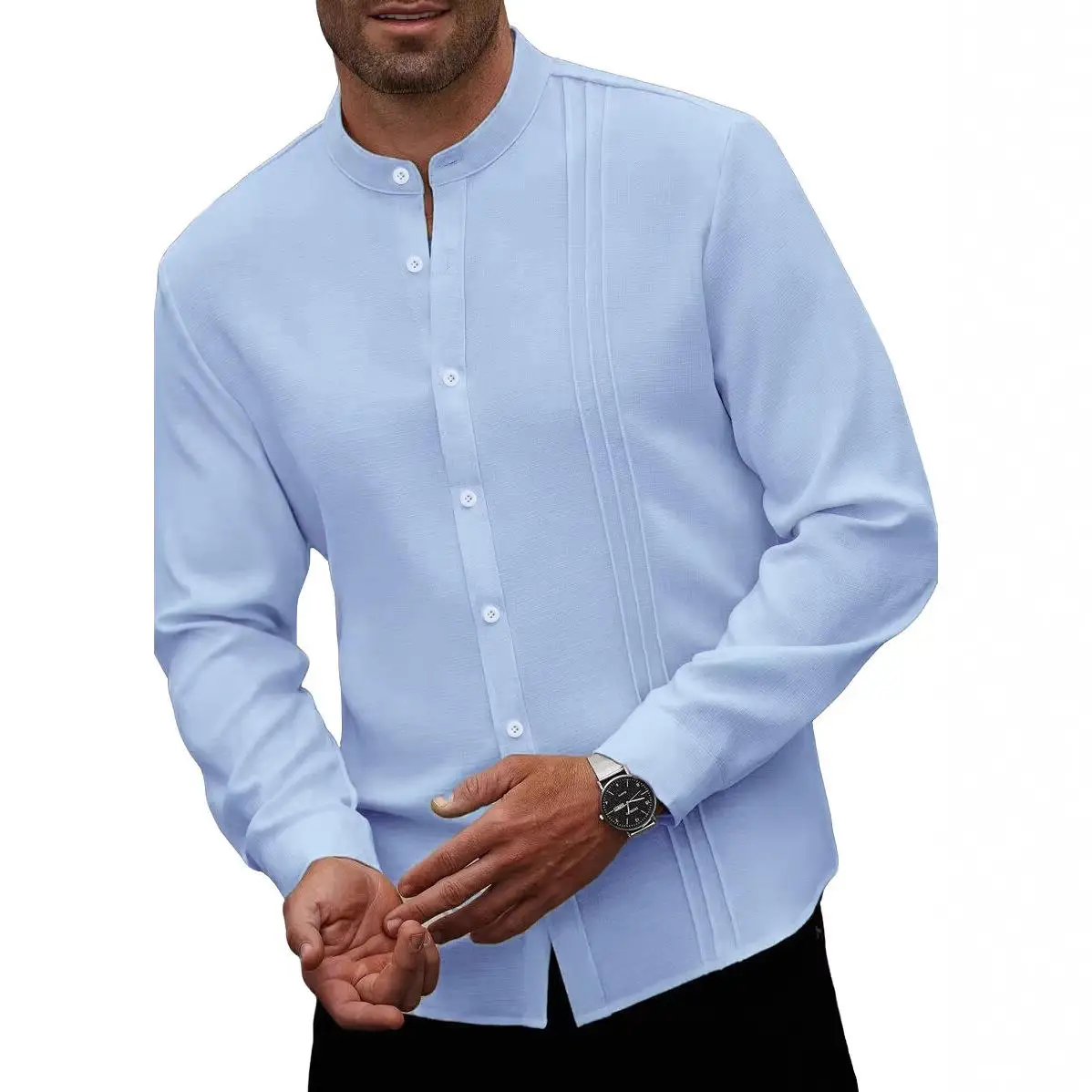 

New Men's Spring Long Sleeve Casual Shirt Coat Pure Color Stripe Stand Collar American Style Open Cardigan Spring Season