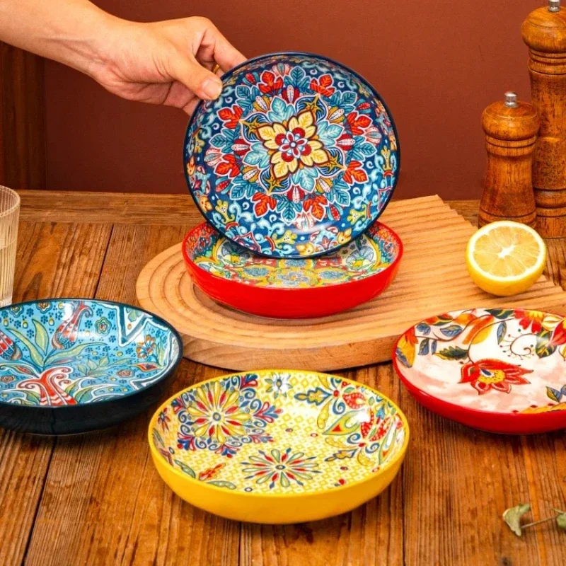 7/8inch Bohemian Ceramic Underglaze Colour Plate High Appearance Level Home Creative Dish Plate Fruit Steak Round Plate
