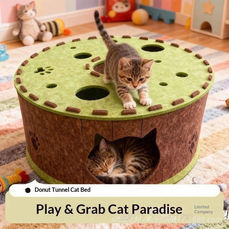 Felt cat bed suitable for all seasons. Felt tunnel bed for cats. Cat toy in the form of a doughnut-shaped tire. Hidden cat house