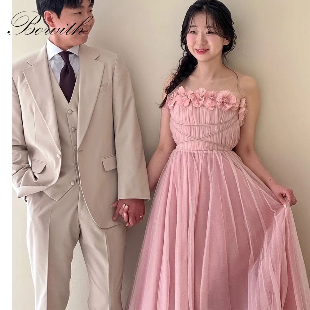 

Bowith Fairy Pink Korean Wedding Dresses 2025 Customized 3D Flowers Soft Tulle Bridal Gown A-Line Reception Dresses for Bride