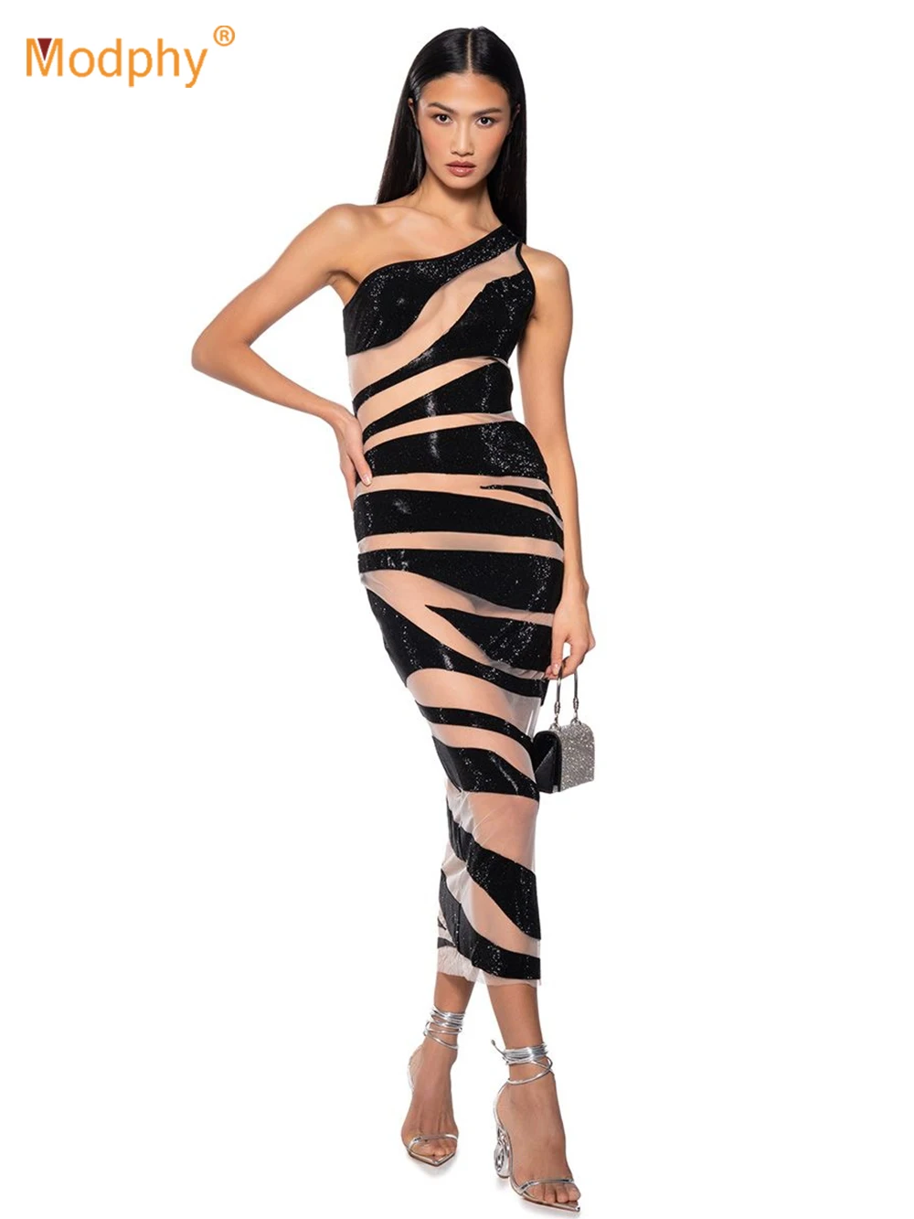 

Modphy One Shoulder Patchwork Color Contrast See Through Mesh Sexy Tight Midi Dress For Women Sleeveless Club Party Dress