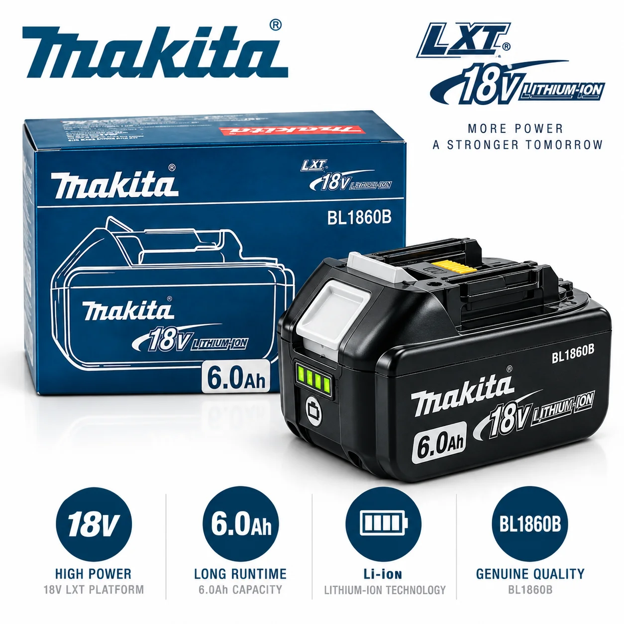 Batteria al litio Makita BL1860B 18V 6.0Ah, batteria di ricambio LXT ad alta capacità, batteria ricaricabile per utensili elettrici, compatibile con trapano avvitatore a impulsi, smerigliatrice e sega