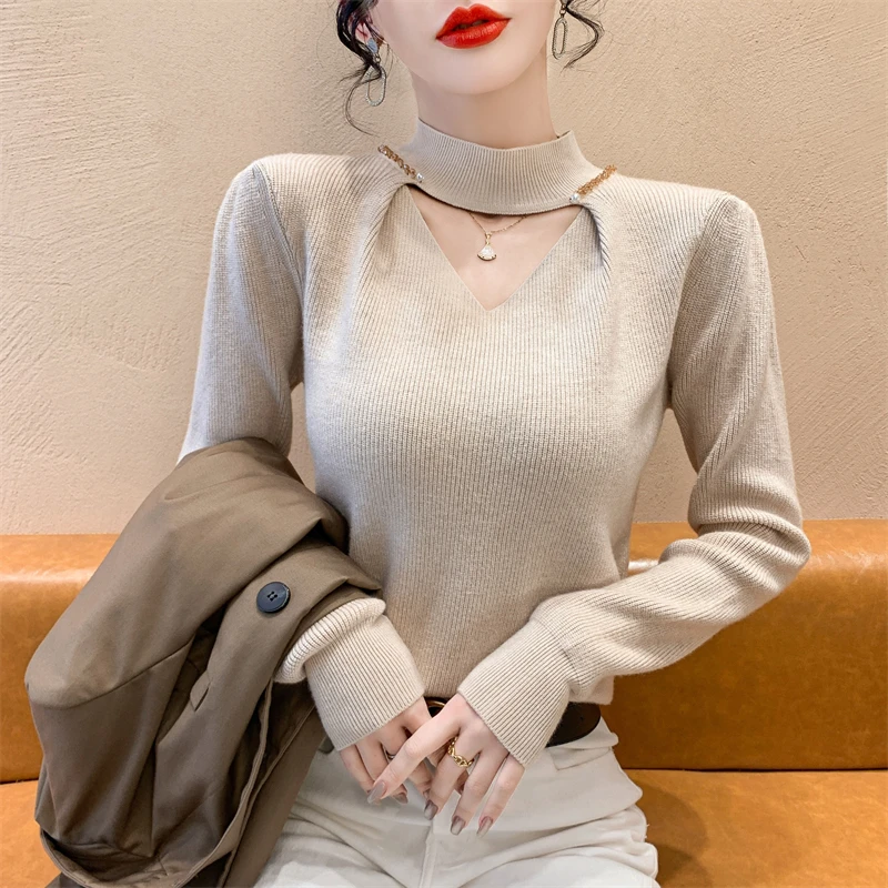 2024 New Fall Winter Korean Clothes Knitted Sweater Chic Sexy Mock Neck Hollow Out Shiny Beading Women Puff Sleeve Tops 41075