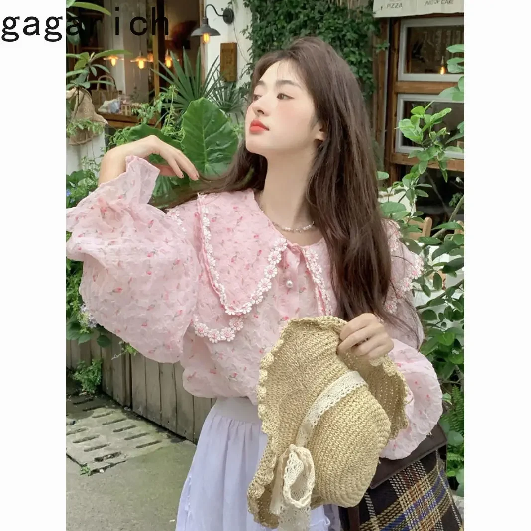 Gagarich Fashion Double Layered Doll Neck Long Sleeved Shirt Women Spring 2024 New Western-style Beautiful French Style Blouse