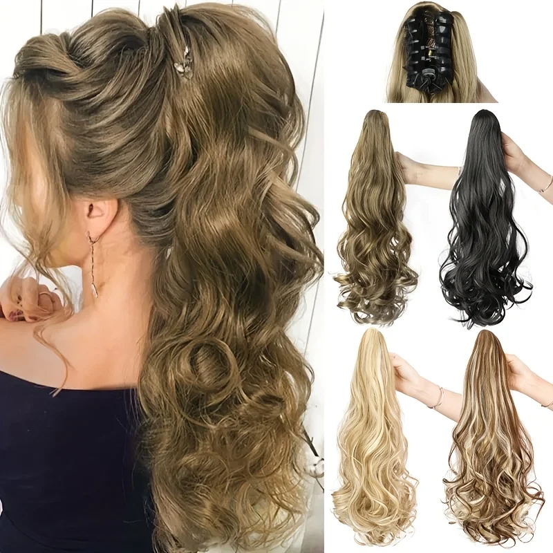 وصلة شعر صناعية طويلة مجعدة ومموجة على شكل ذيل حصان بمشبك مخلب في قطعة شعر على شكل ذيل حصان للنساء #1