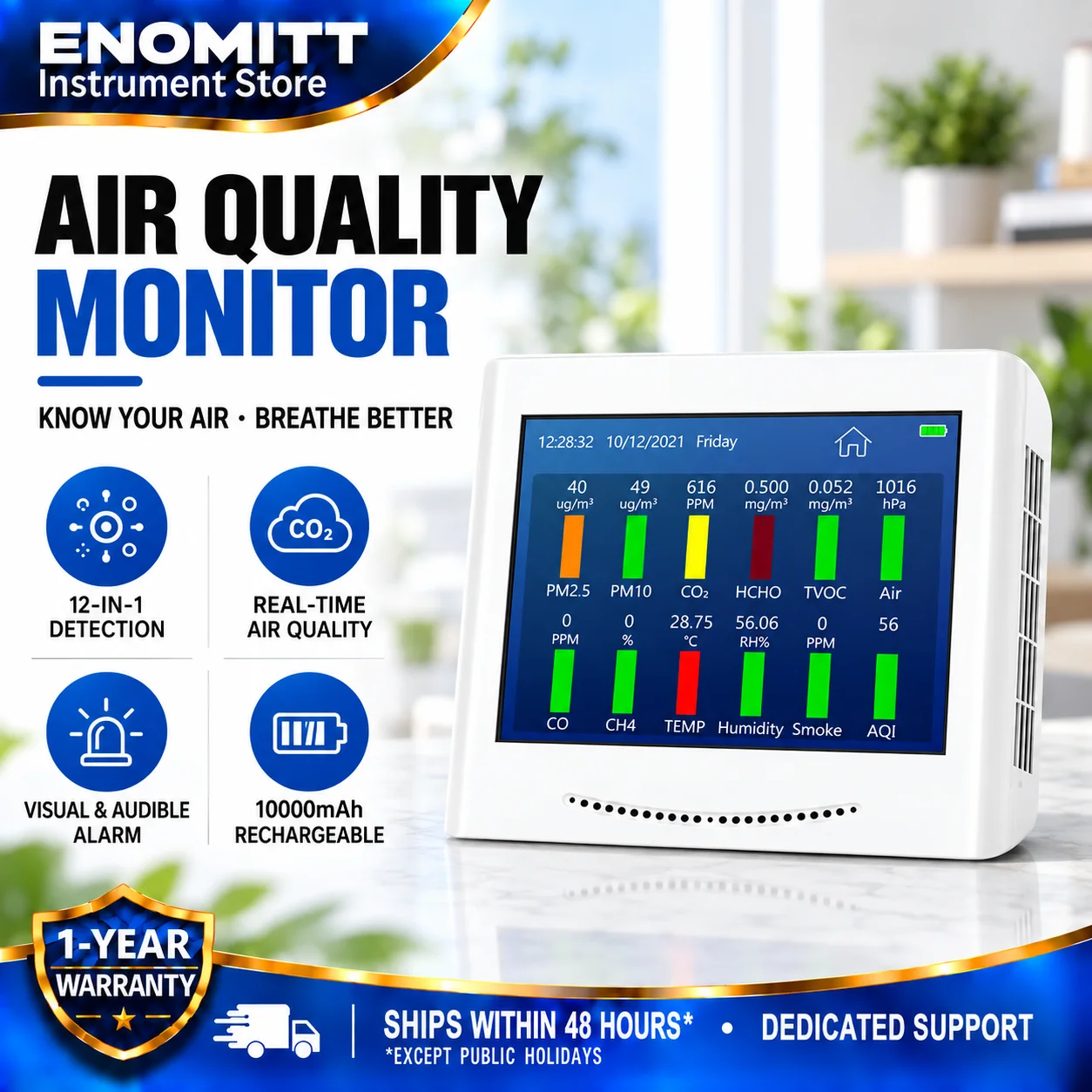 12-in-1 Air Quality Monitor CO2 PM2.5 PM10 HCHO TVOC CO CH4 Temp Humidity 10000mAh Rechargeable Alarm Home Office