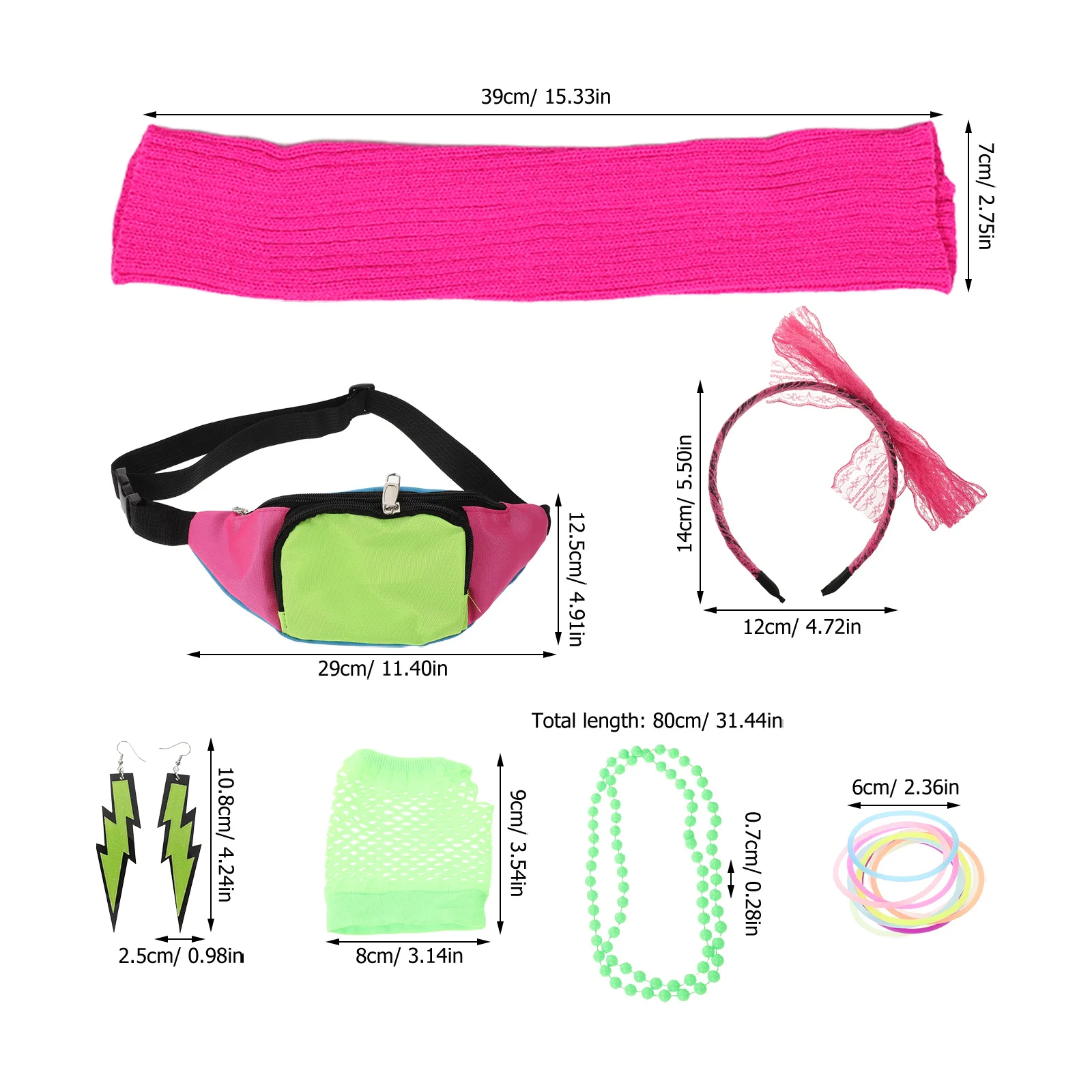 Set de 19 Accesorios de Fiesta Neón, Joyería Retro Clásica de los 80, Riñonera, Pendientes, Diadema, Pulseras, Calentadores de Piernas para Mujer