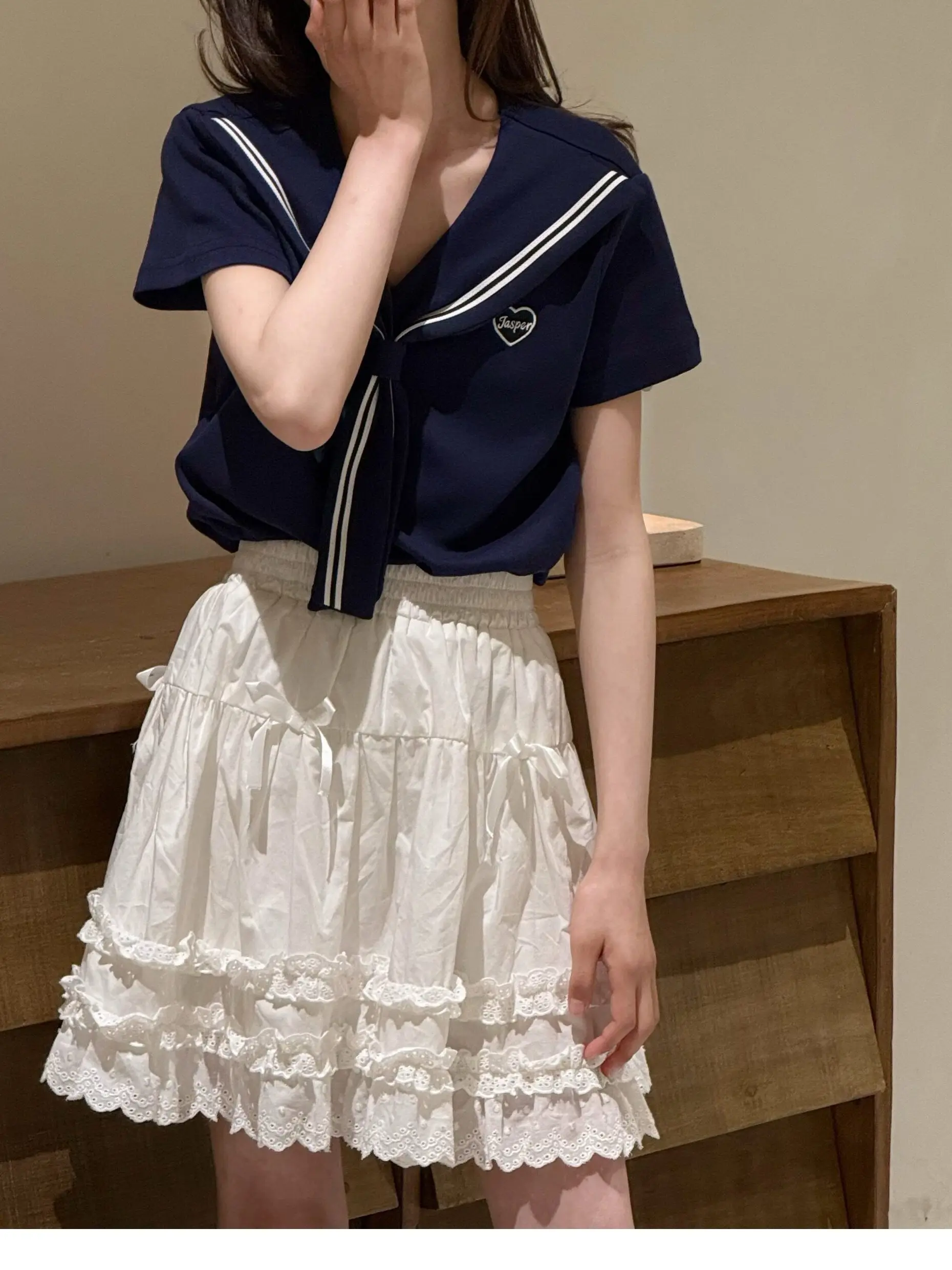 Saia Curta Branca com Renda Borabora para Meninas, Estilo Coreano, Saia de Verão em Camadas, Roupa Infantil com Cintura Elástica