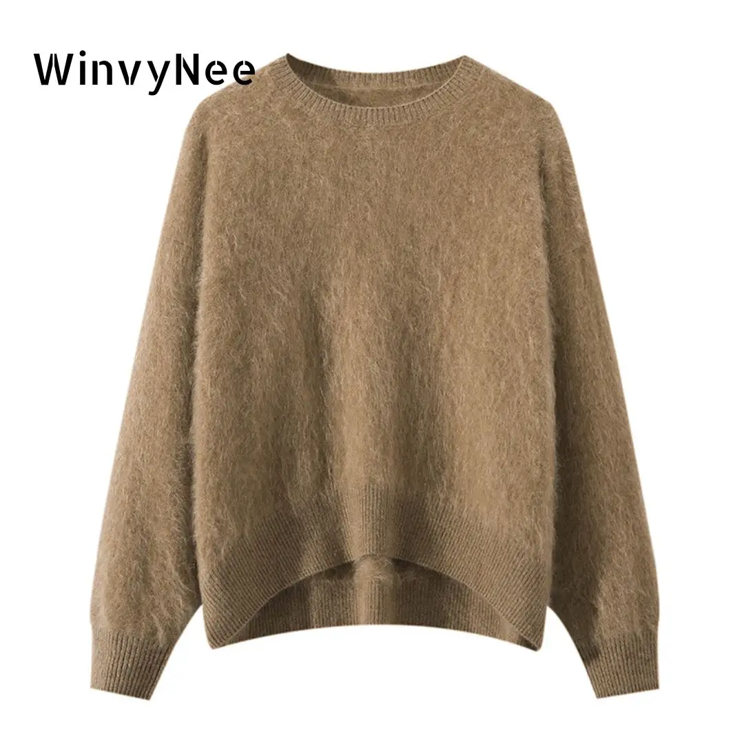 WinvyNee Women Long Haired Cashmere Sweaters O Neck Loose Long Sleeve Solid Knit Tops Warm Pullovers Jumpers Winter A1444007