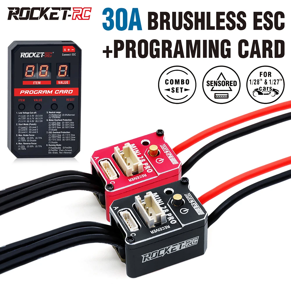 

ROCKET-RC 30A Brushless ESC with LED Programing Card Combo MINI 28 Pro 2S LiPo BEC 3A 6V/7.4V for 1/28 1/27 RC Car Upgrades