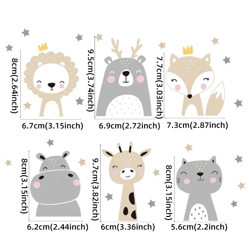 6 pcs boho-style cheerful animal decals featuring smiling creatures and star motifs ideal for nursery walls bedrooms or playful
