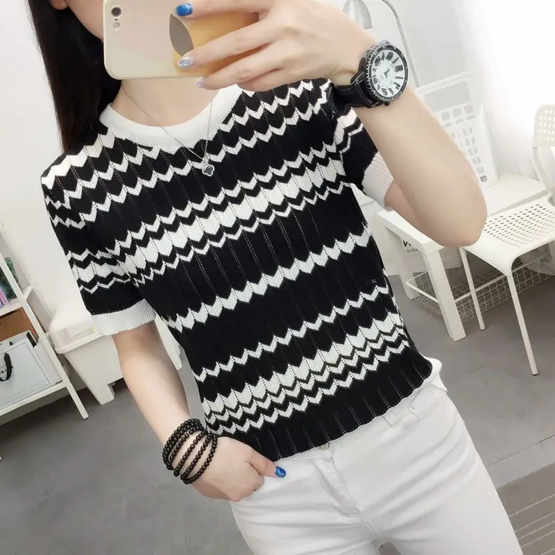 Women Korean Hollow Striped Elegant Knitted T Shirt Summer Fashion Round Neck Short Sleeve Pullover Tops Camisetas De Mujer Ropa