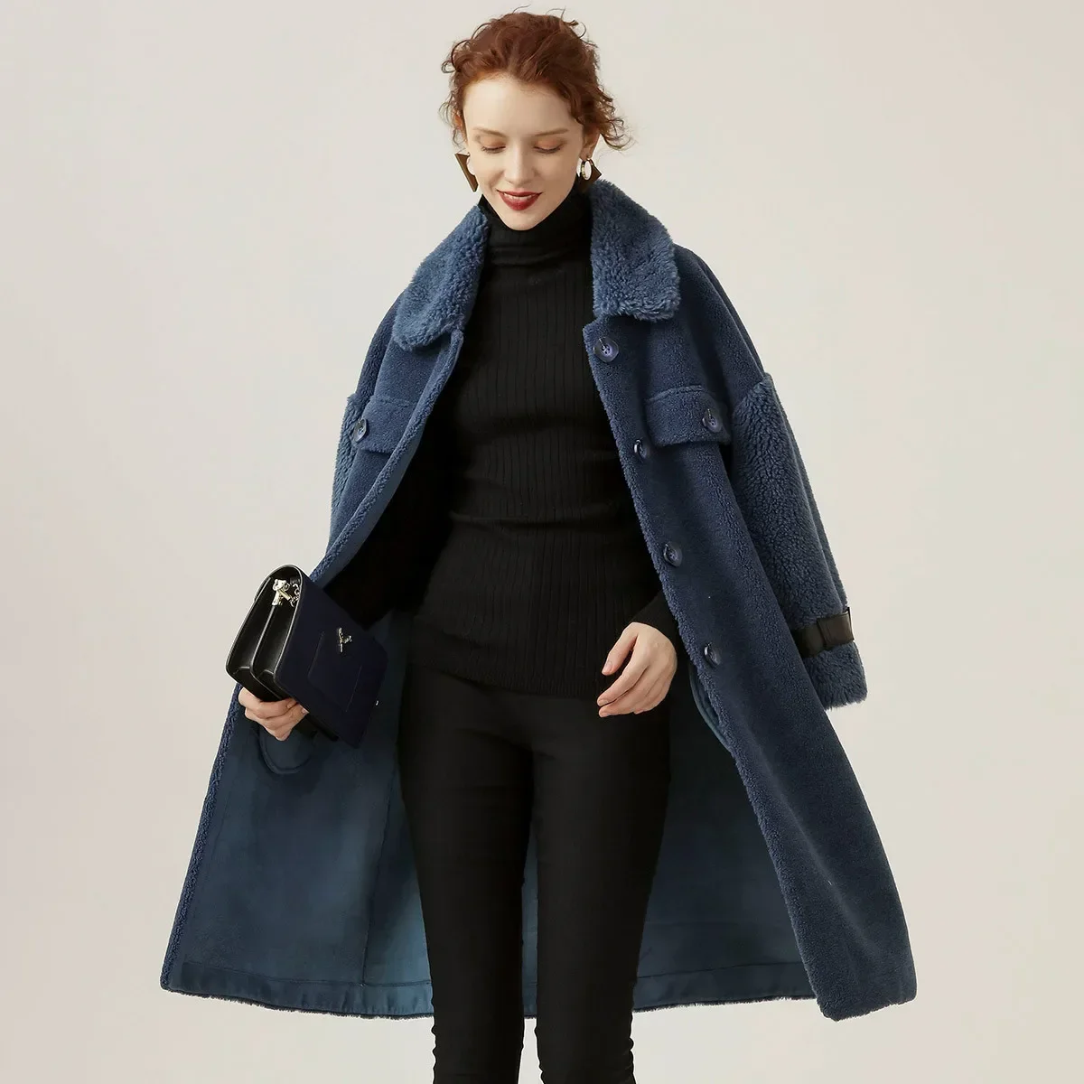 LOUIS YAO 2024 Wool Sheep Shearing Coat Winter Style Granular Fleece Coat Loose Composite Sheepskin Long Outerwear for Women