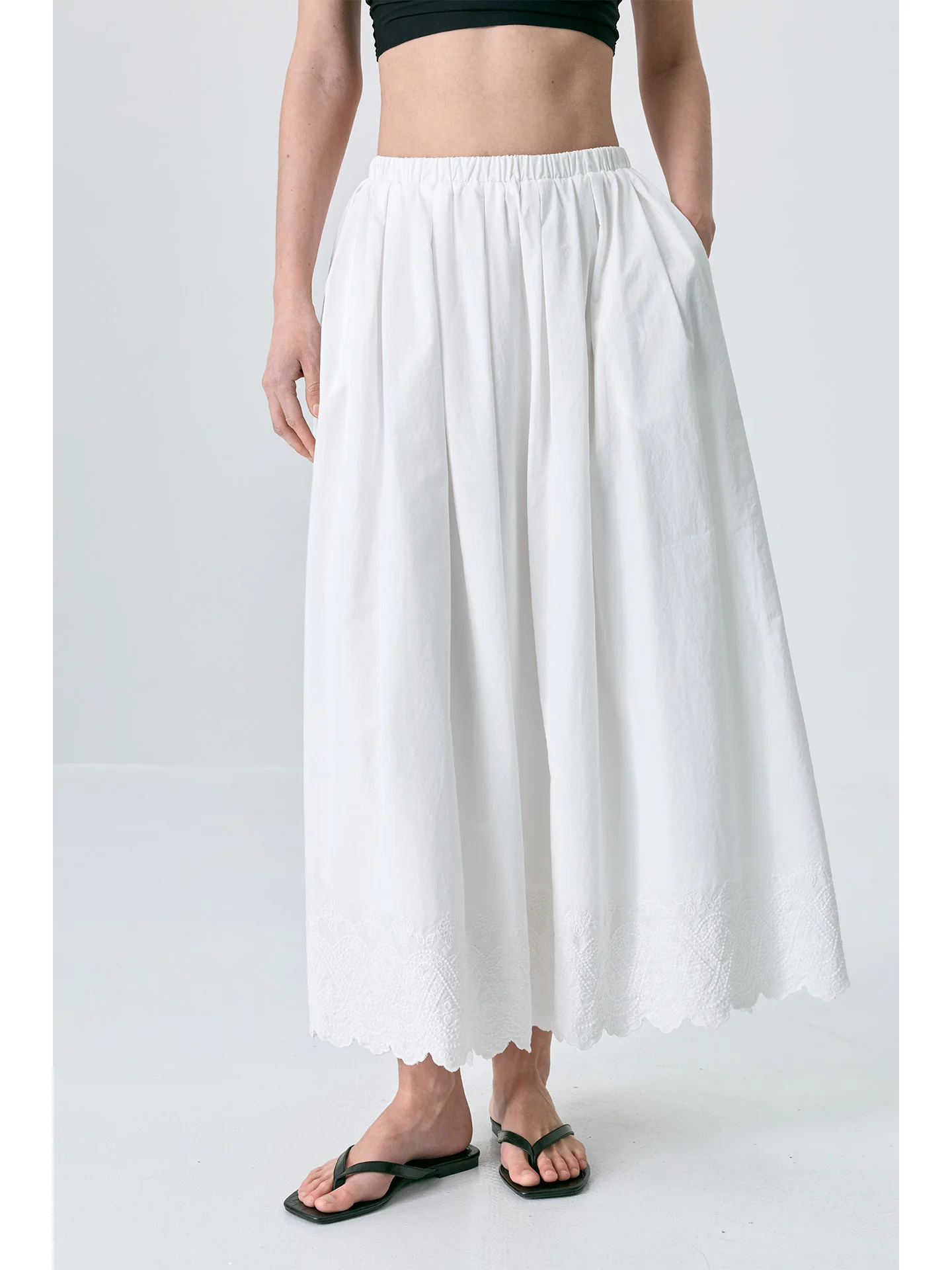 

Ретро-юбка с вышивкой и кружевом, длина до колена, А-силуэт, расклешенная, белая, хлопковая, повседневная, с завышенной талией, свободного кроя, новинка весны