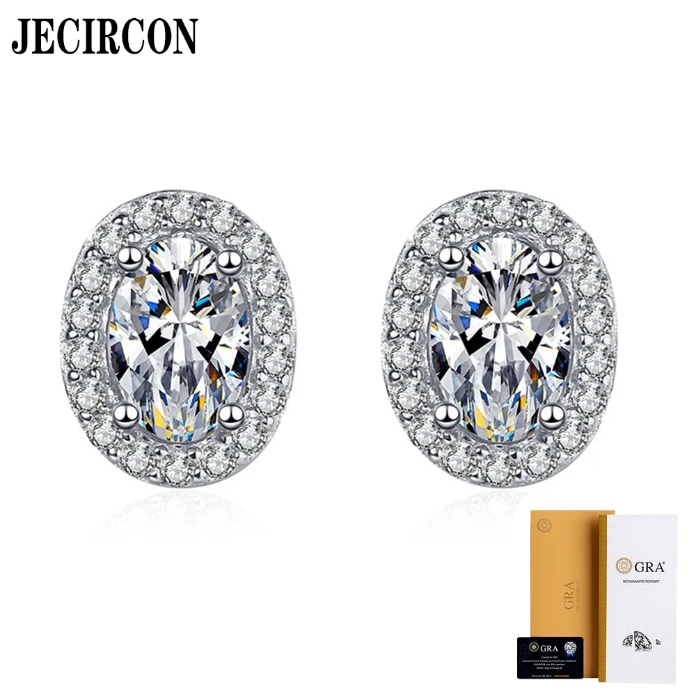 

JECIRCON 925 Sterling Silver Earrings Plated with Platinum 1 Carat Moissanite Studs Classic Geometric Egg-Shaped Diamond Jewelry