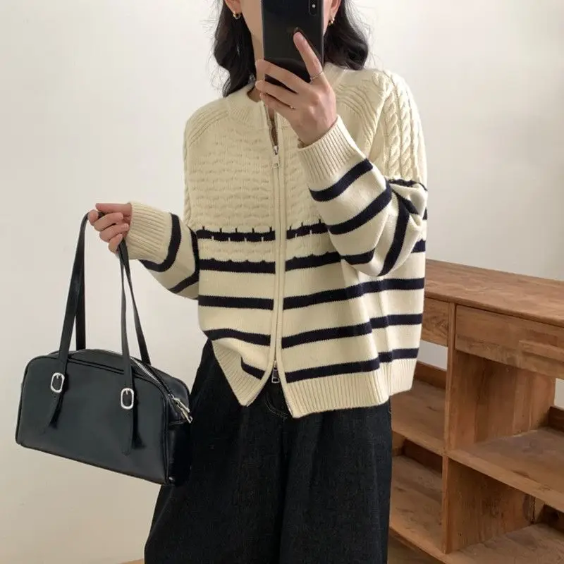 

Knitted Cardigan Contrast Color Striped Zipper 2024 New Autumn And Winter Women'S Korean Style Versatile Loose Casual Cardigan