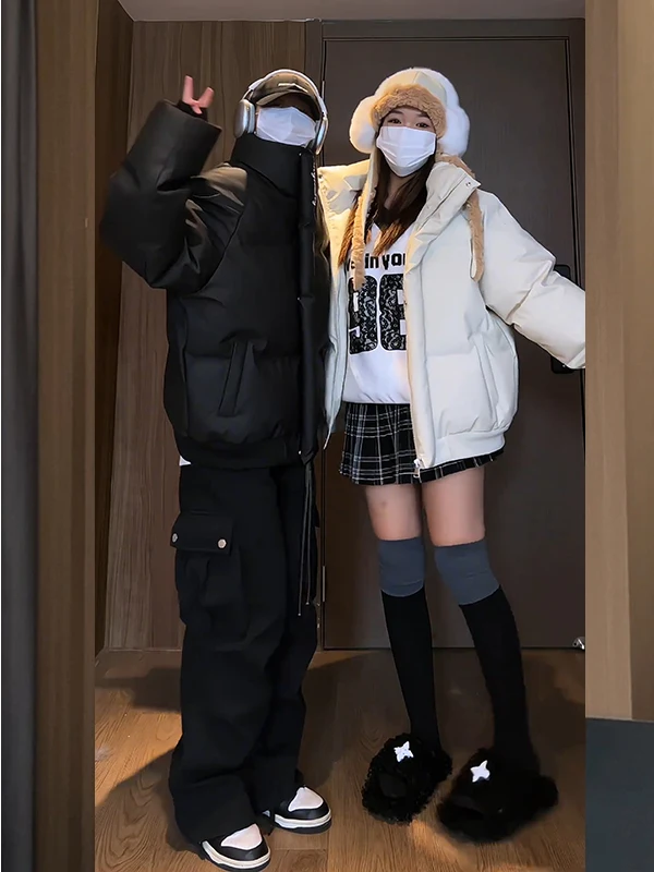 

American Sle ort PU Leather Embroidered down Jaet Winter Cleanfit Trendy Brand High-End Bread Sle Cotton Coat for Men