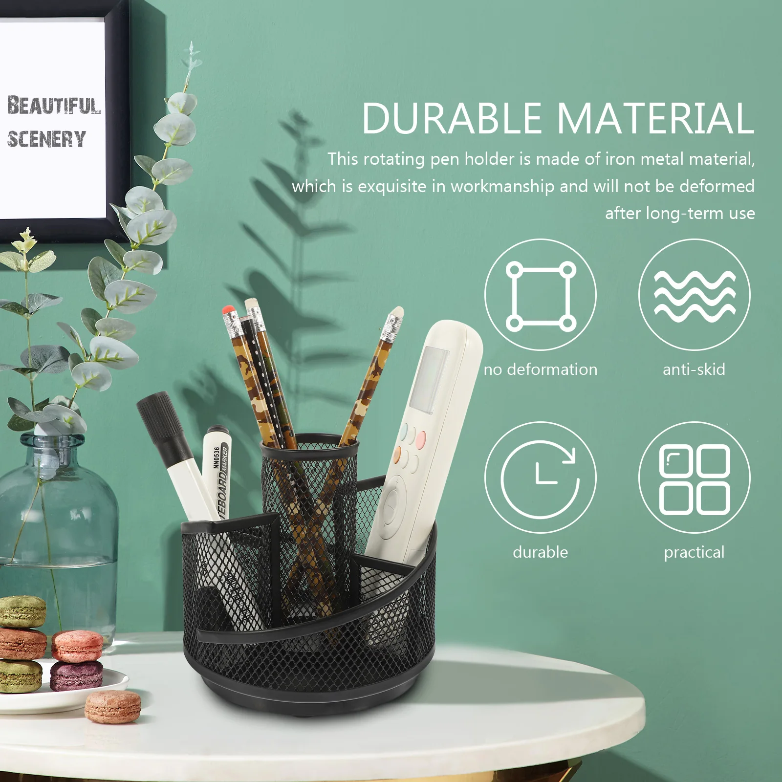 Pretty Holds Round Rotating Pen Holder Convenient Pencil Organizer Simple Black Office Iron