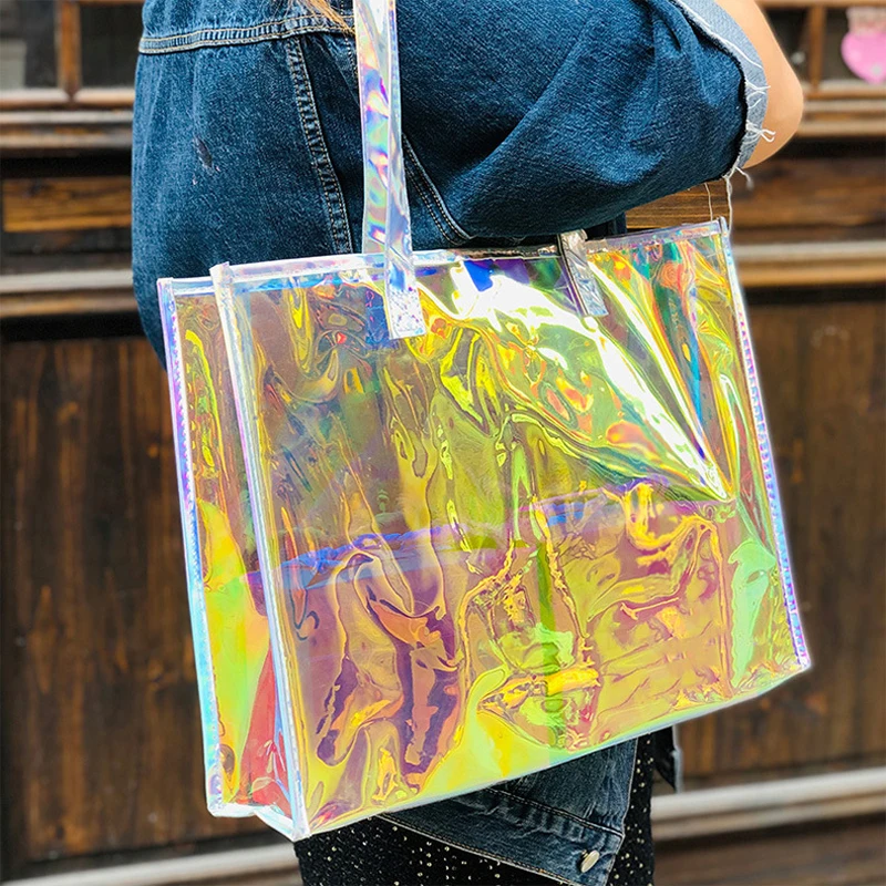 Iridescent Laser bag custom pattern transparent waterproof shoulder tote bag jelly bag hand carrying gift bag pvc plastic bag