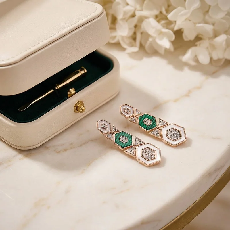 European American Style Long Earrings Women Lady Inlay Cubic Zircon Mother Of Pearl Malachite Plated Gold Color Tassels Eardrop view 4