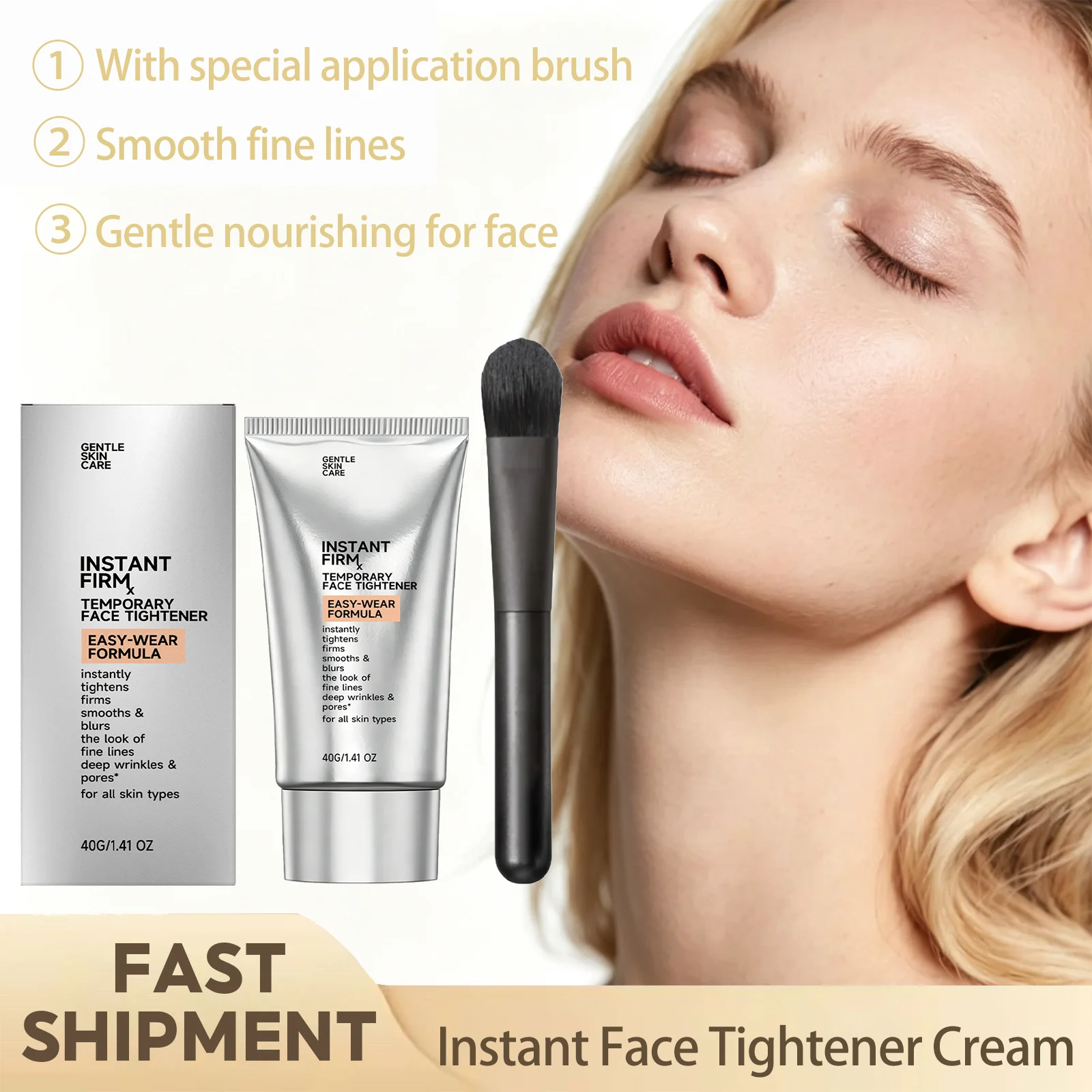 Instant Face Tightener Cream With Application Brush Smooth Fine Lines Deep Wrinkles Minimize Pores Appearance Nourishing Firming