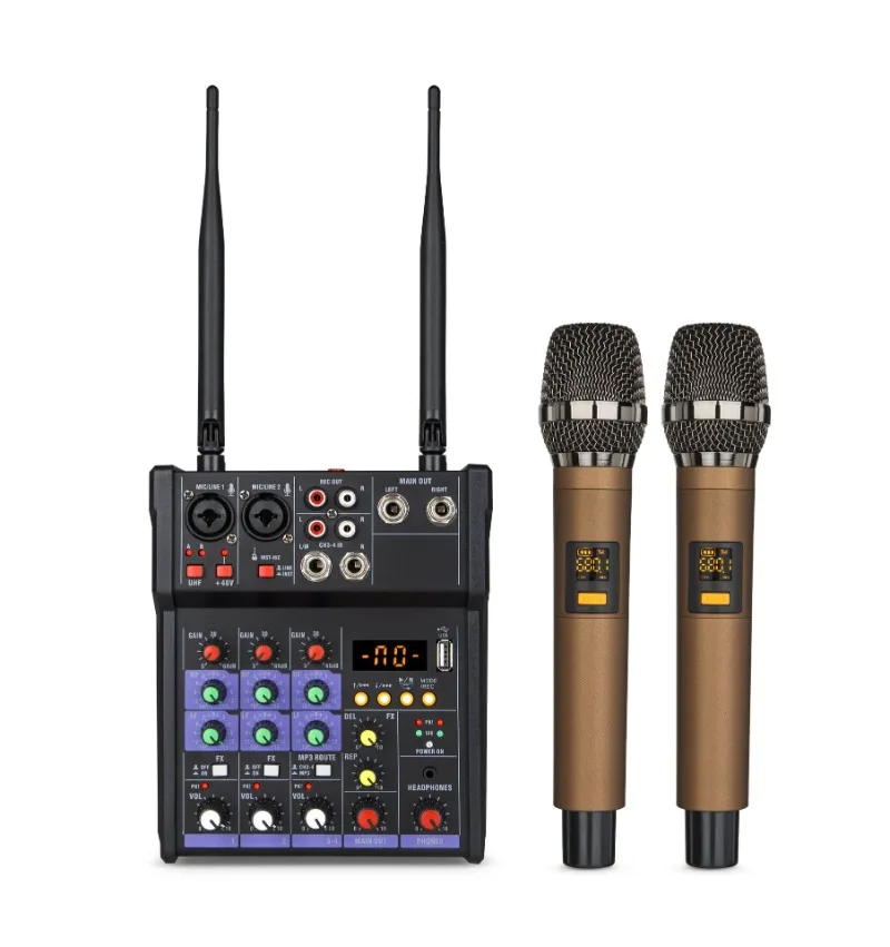 

4-way Mixer with Wireless Microphone Effect Unit Outdoor Home Small K-song Recording Bluetooth Reverb Mixing Stage