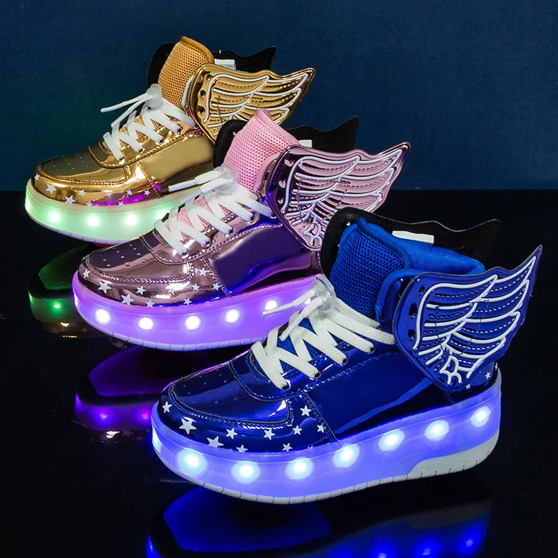 2025 new double-wing glossy double-wheel power walking shoes, rechargeable children's light-emitting shoes, roller skates