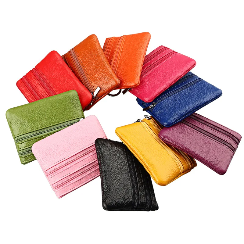 Fashion Women Genuine Leather Coin Purse Small Zipper Card Holder Mini Pouch Change Wallet with Keychain