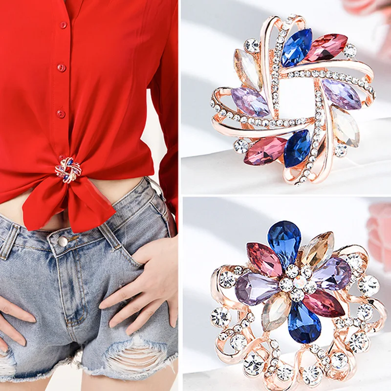 1PCS Fashion colorful crystal glass flower brooch rose gold brooch silk scarf buckle dual-purpose all-match clothing accessories