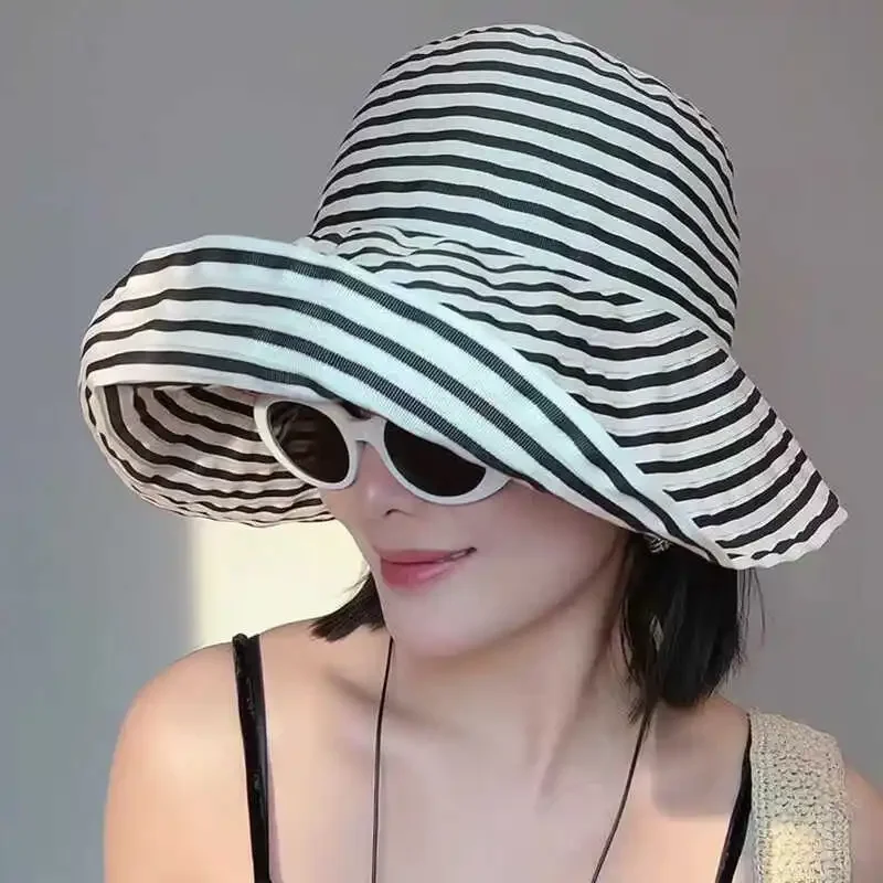 2025 New Japanese Foldable Striped Bucket Hat, Women's UPF 50+ Summer Sun Hat, Oversized Fisherman Cap Trendy Beach Accessories