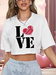 Valentines Graphic Print Cropped Crew Neck Top - Soft Slight Stretch Polyester Fabric Short Length Semi-Sheer Casual Fashion