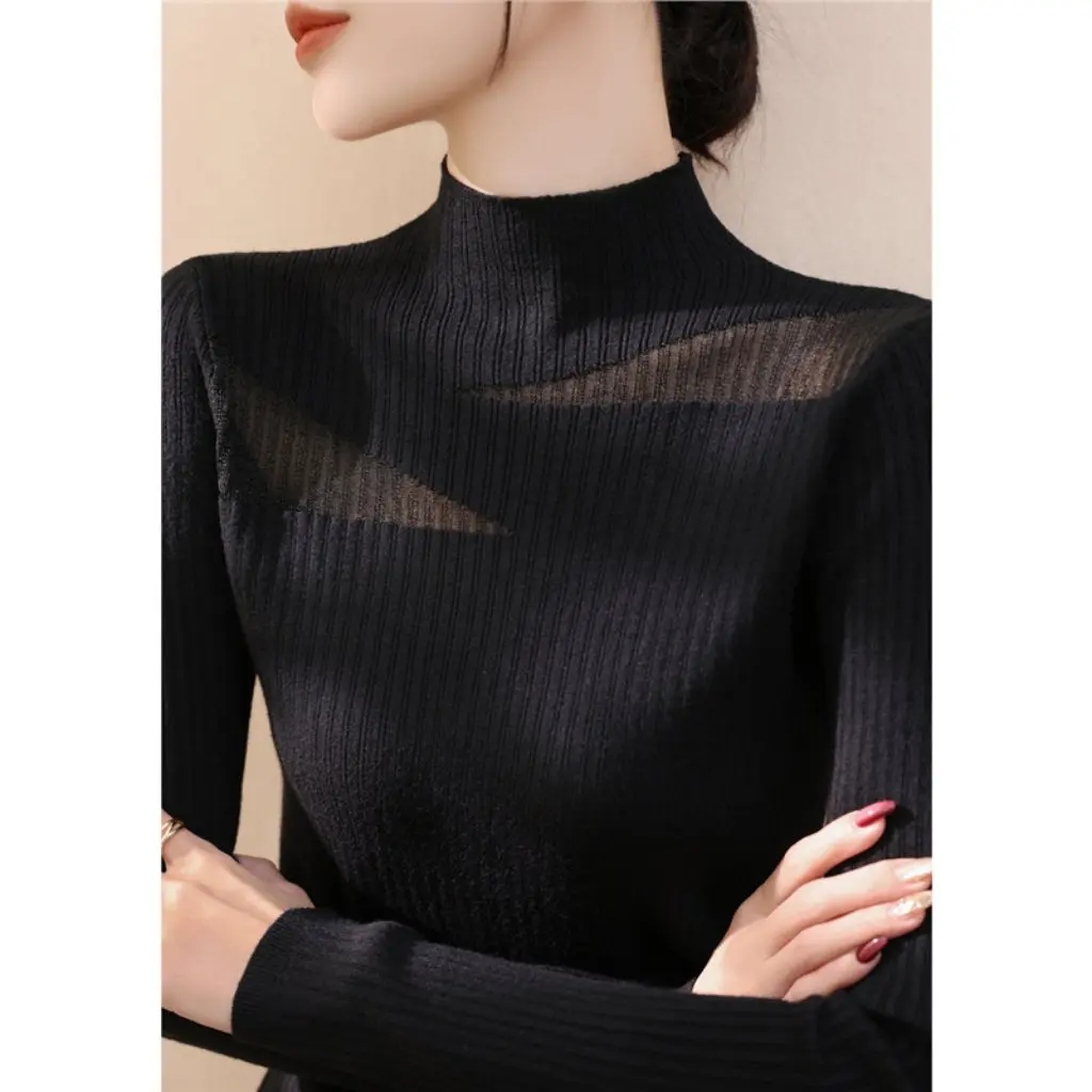 

Women's Spring Autumn Wool Knitted Top Lace Mesh Half-High Collar French Stitching Base Layer New Style