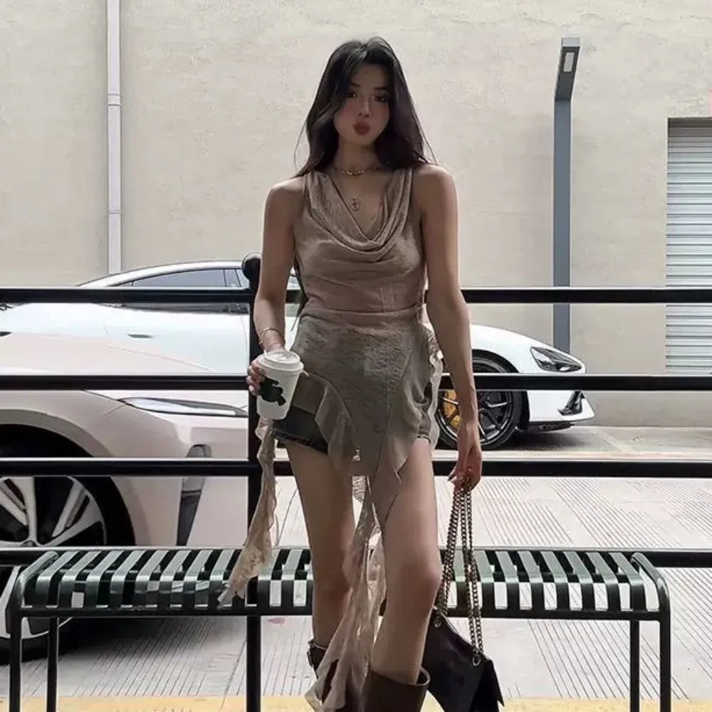 Korean Y2K Ins Jellyfish Mesh Belt T-Shirt Mesh Shaped Waist Pleated Slim Fit Tops Transparent Off Shoulders
