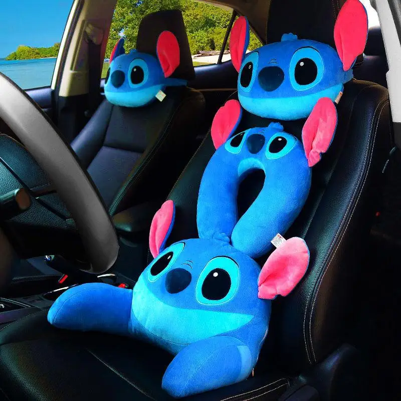 Disney Stitch Car Headrest Kawaii Blue Neck Pillow Cute Cushion Soft Stuffed Doll Toy Car Lumbar Neck Pillow For Kid Adult Gifts