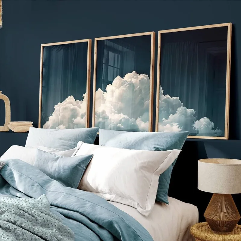 Image of Rahmenlose Leinwandbilder: Blaue Wolken Schlafzimmer Wandkunst über dem Bett, 3er-Set Drucke, Weiße Wolken und Blauer Himmel Wandkunst, Über-Bett-Kunst